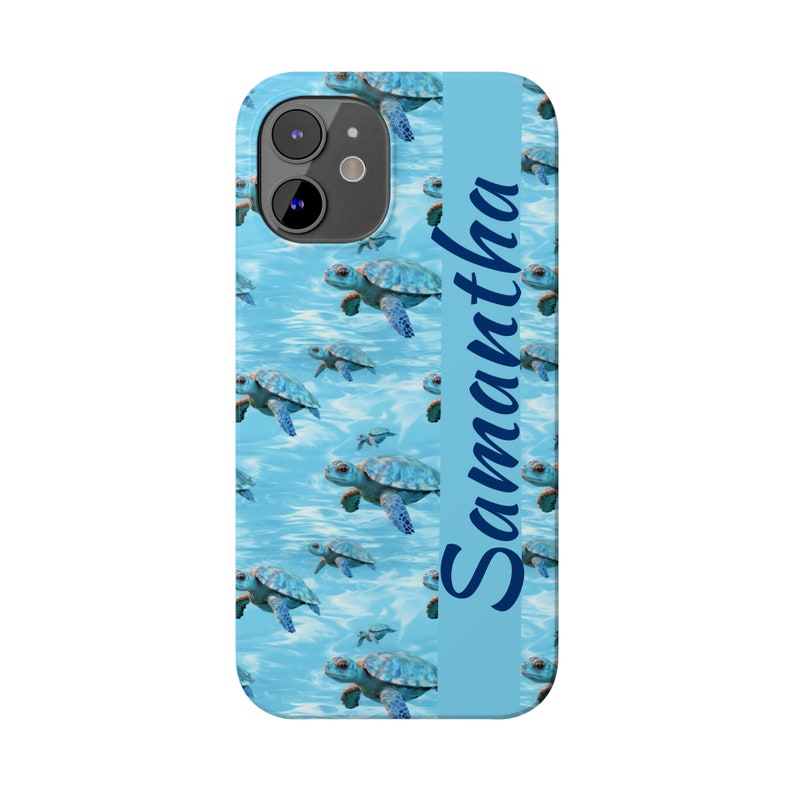 Personalized Cute Baby Sea Turtle iPhone 12 Phone Cases. Custom Name on Baby Sea Turtles in a crystal Blue Ocean. Ocean Lovers Turtle Lovers image 1