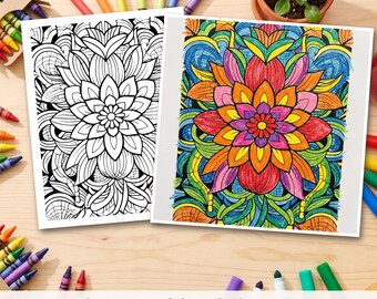 May include: Two rectangular sheets featuring a floral mandala design. One sheet is a black and white line drawing, while the other is a fully colored version with vibrant shades of pink, orange, yellow, green, and blue. The text reads Flower Mandala Coloring Page, Printable, instant download, 8.5 x 11 PDF + PNG.
