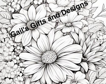 Daisies, Mums, Sunflower Flowers Coloring Page for Adults and Children, Instant Download, Boho flowers, garden scene for coloring