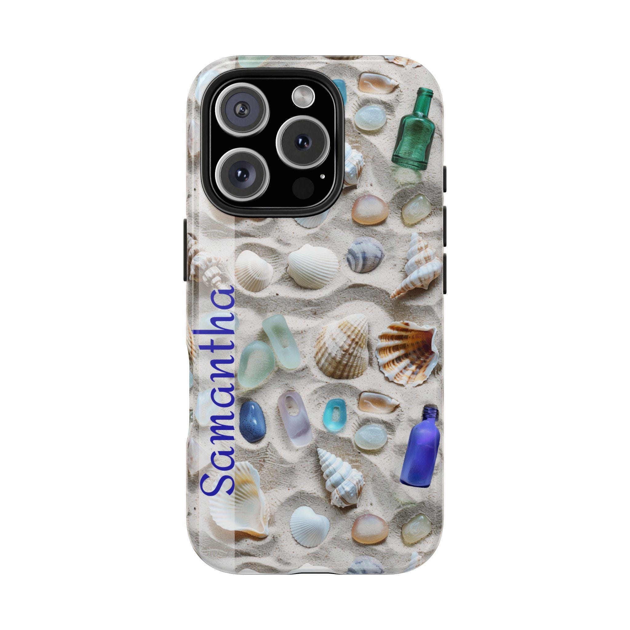 Seashells and Sea Glass Personalized iPhone Tough Case for iPhone 16, iPhone 15, iPhone 14, iPhone 13, iPhone 12. Custom name is optional.