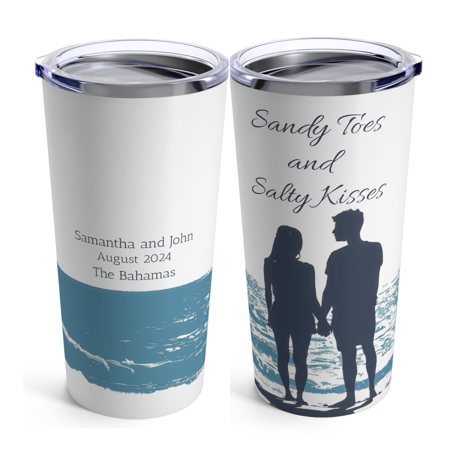 Personalized Sandy Toes and Salty Kisses Tumbler 20oz, Terrific Honeymoon cup with a woman and a man at the ocean. Bridal Shower