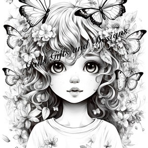 Cute Fairy Coloring Page for Adults Book One, Amazing Fairy, Fairycore fairy with Butterflies, Downloadable File image 2