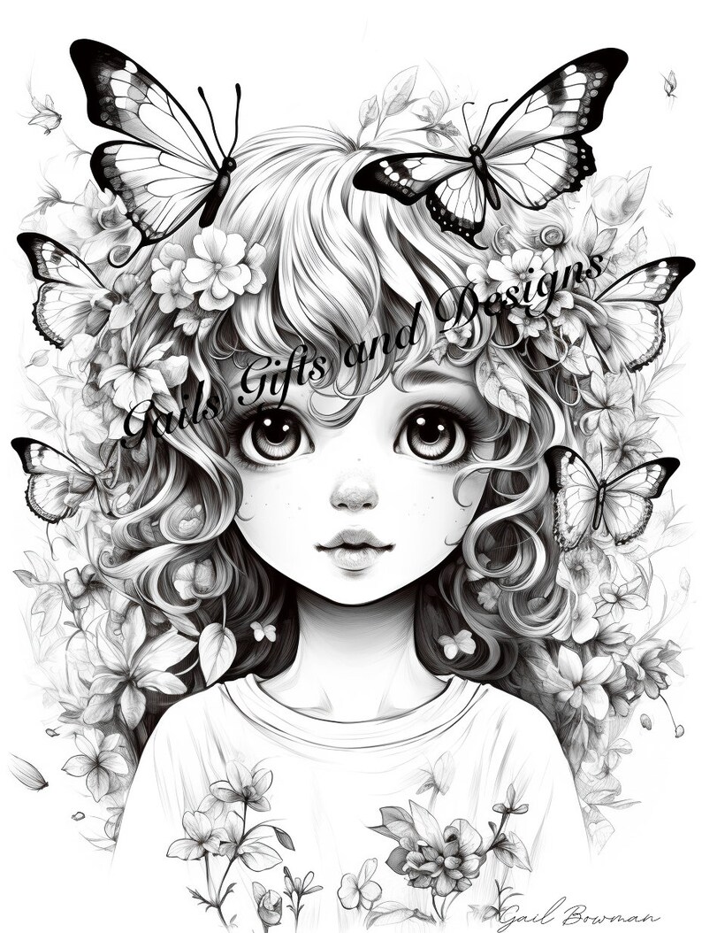 Cute Fairy Coloring Page for Adults Book One, Amazing Fairy, Fairycore fairy with Butterflies, Downloadable File image 2