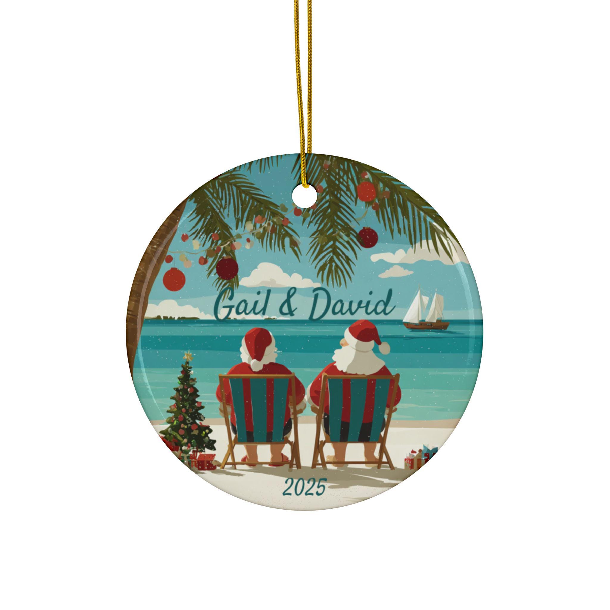 Christmas at the Beach Personalized Ceramic Ornaments, 2-Side Print, (1pc, 3pcs, 5pcs, 10pcs). Custom names are optional.