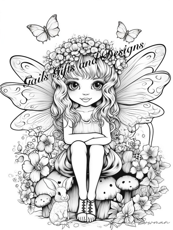 Cute Fairy with Toadstools Coloring Page for Adults Downloadable File Book Four, Amazing Fairycore fairy with Butterflies and a Bunny