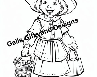 Child Dressed as Pilgrim Coloring Page for Instant Download, Cute coloring page of a boy or a girl dressed as a Pilgrim for Thanksgiving fun