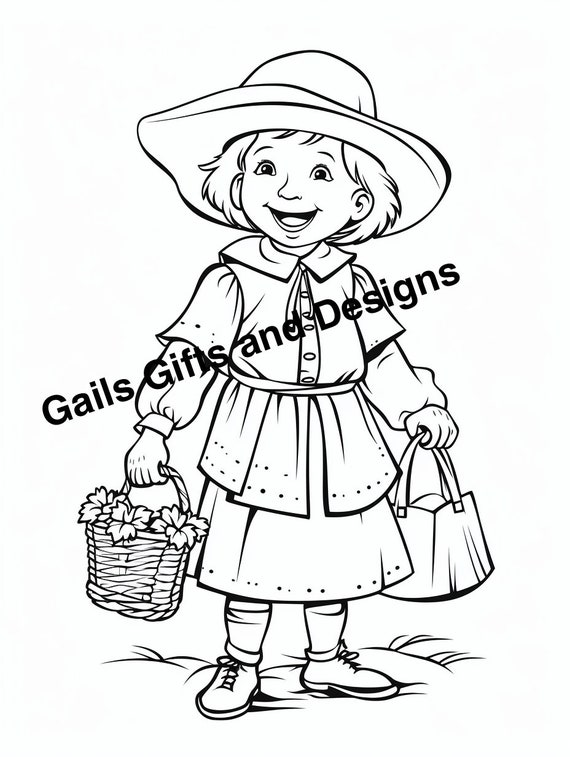 Child Dressed as Pilgrim Coloring Page for Instant Download, Cute coloring page of a boy or a girl dressed as a Pilgrim for Thanksgiving fun
