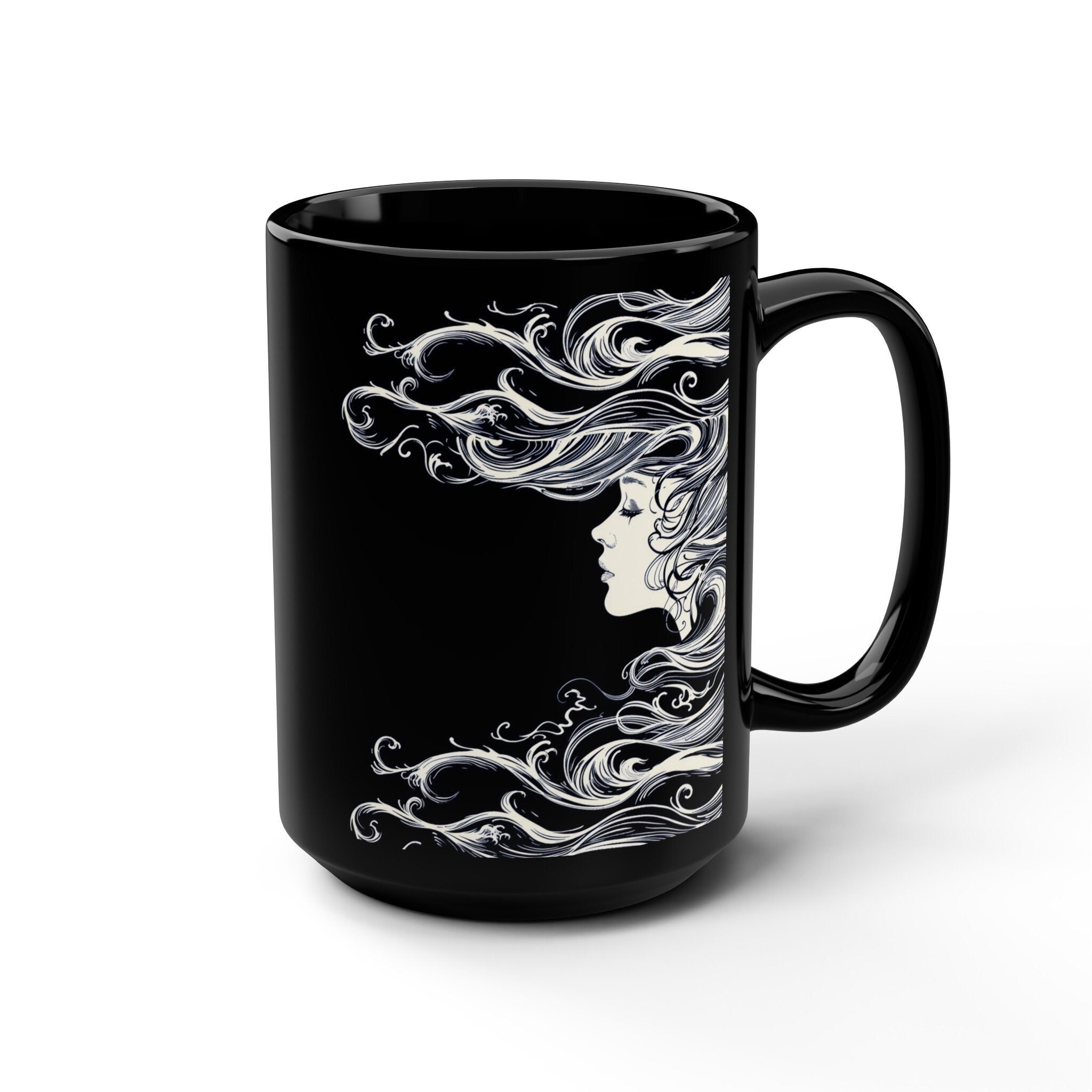 Siren with Ocean Hair on Black Coffee Cup 15oz.  Terrific hand drawn design with a woman with long hair that looks like ocean waves.