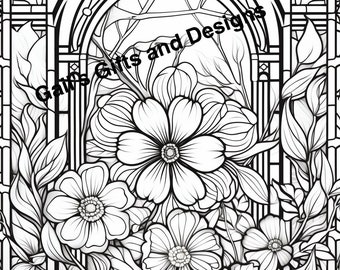 Flowers with Stained Glass Coloring Page for Adults and Children, Instant Download, Boho flowers, stained glass, garden scene for coloring