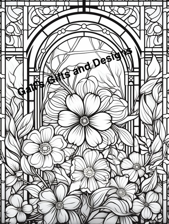 Flowers with Stained Glass Coloring Page for Adults and Children, Instant Download, Boho flowers, stained glass, garden scene for coloring