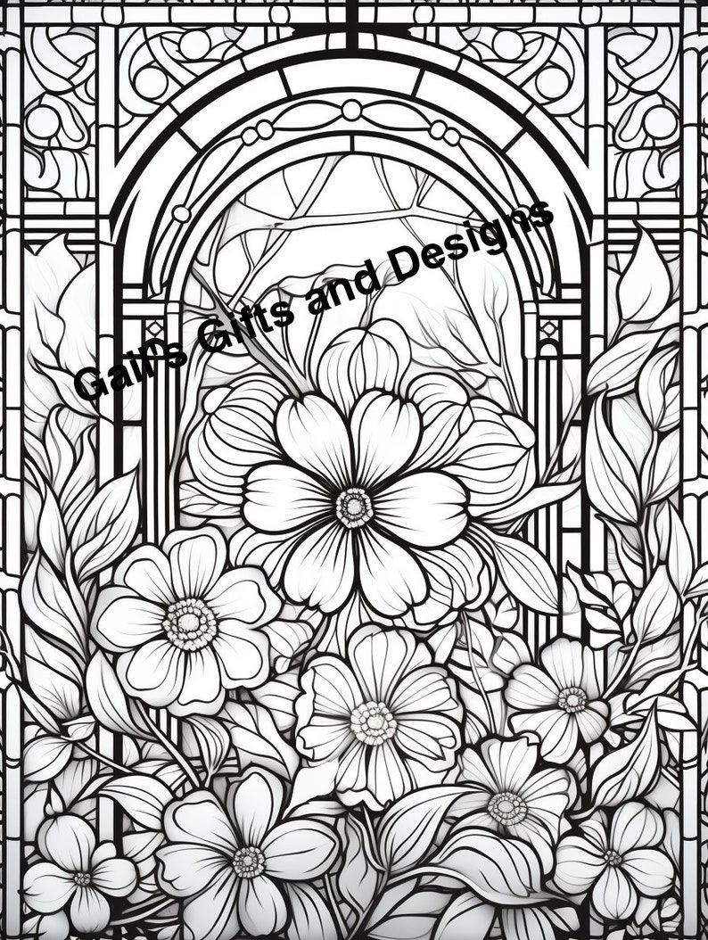 Flowers with Stained Glass Coloring Page for Adults and Children, Instant Download, Boho flowers, stained glass, garden scene for coloring image 1