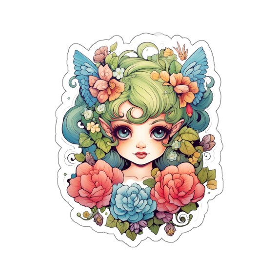 Cute Green Fairy Sticker with Transparent or White edges,  Pretty Green Fairycore fairy in beautiful Flowercore colors