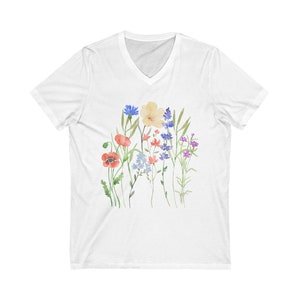 Boho Wildflowers Shirt V-Neck. Nature Shirt, Botanical Shirt, Garden Lover, wildflower, wildflowers, cottagecore White