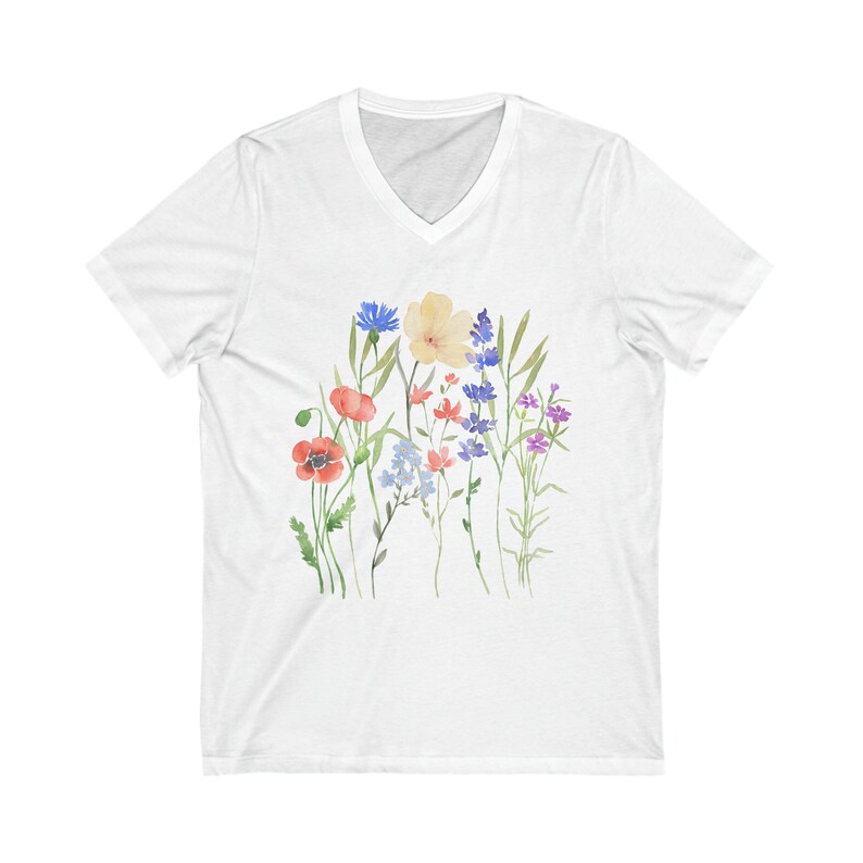Boho Wildflowers Shirt V-Neck. Nature Shirt, Botanical Shirt, Garden Lover, wildflower, wildflowers, cottagecore White