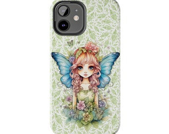 Fairy with Blue Wings iPhone 12 cases. Pretty Fairycore fairy in beautiful Flowercore colors