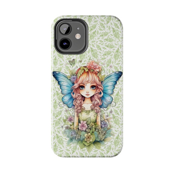 Fairy with Blue Wings iPhone 12 cases. Pretty Fairycore fairy in beautiful Flowercore colors