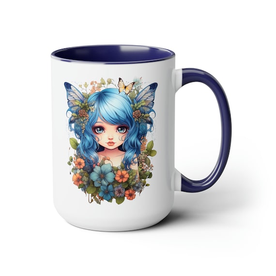 Blue Fairy Coffee cup 15 oz. Amazing Pretty Blue Fairycore fairy in beautiful Flowercore colors