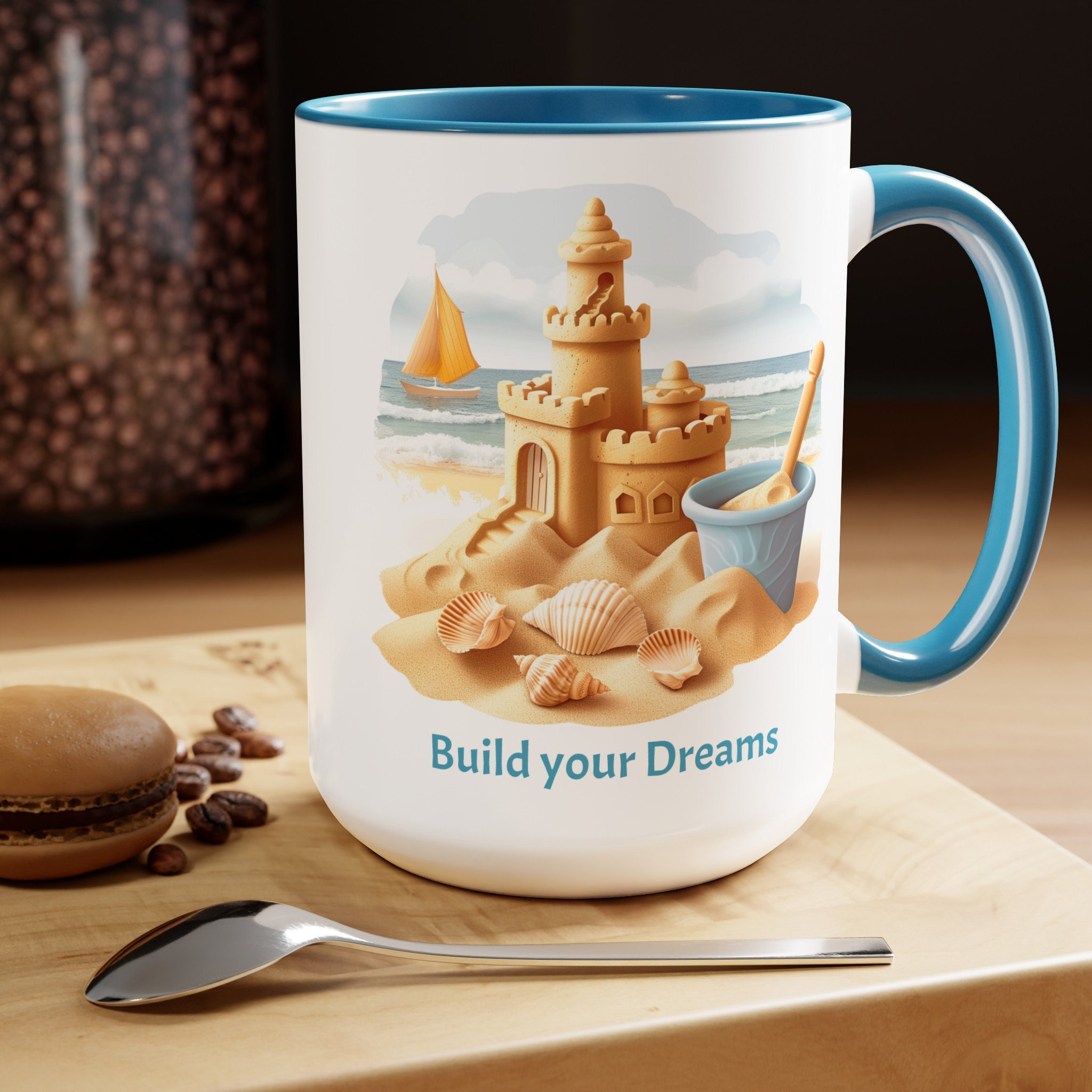 Sand Castle Build your Dreams Coffee Cup, 15oz. Beach Sand Castle coffee cup. Great gift for Mom. Great beach gift.