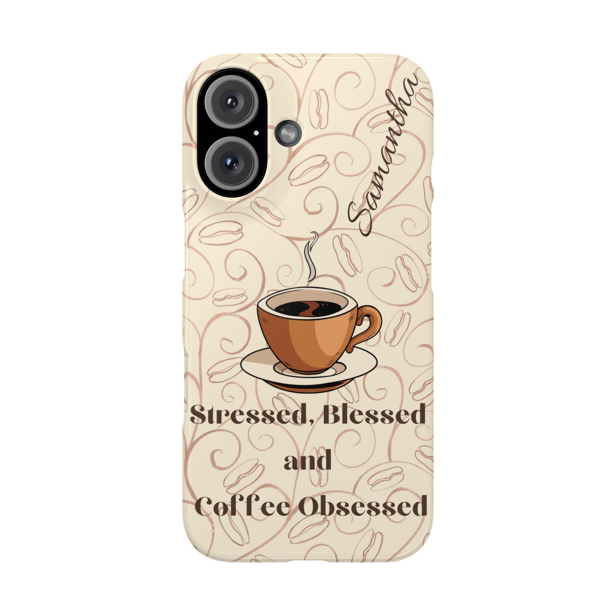 Personified Coffee Obsessed iPhone 16, iPhone 15, iPhone 14, iPhone 13, iPhone 12 Cases. Optional personalization for your coffee drinker!