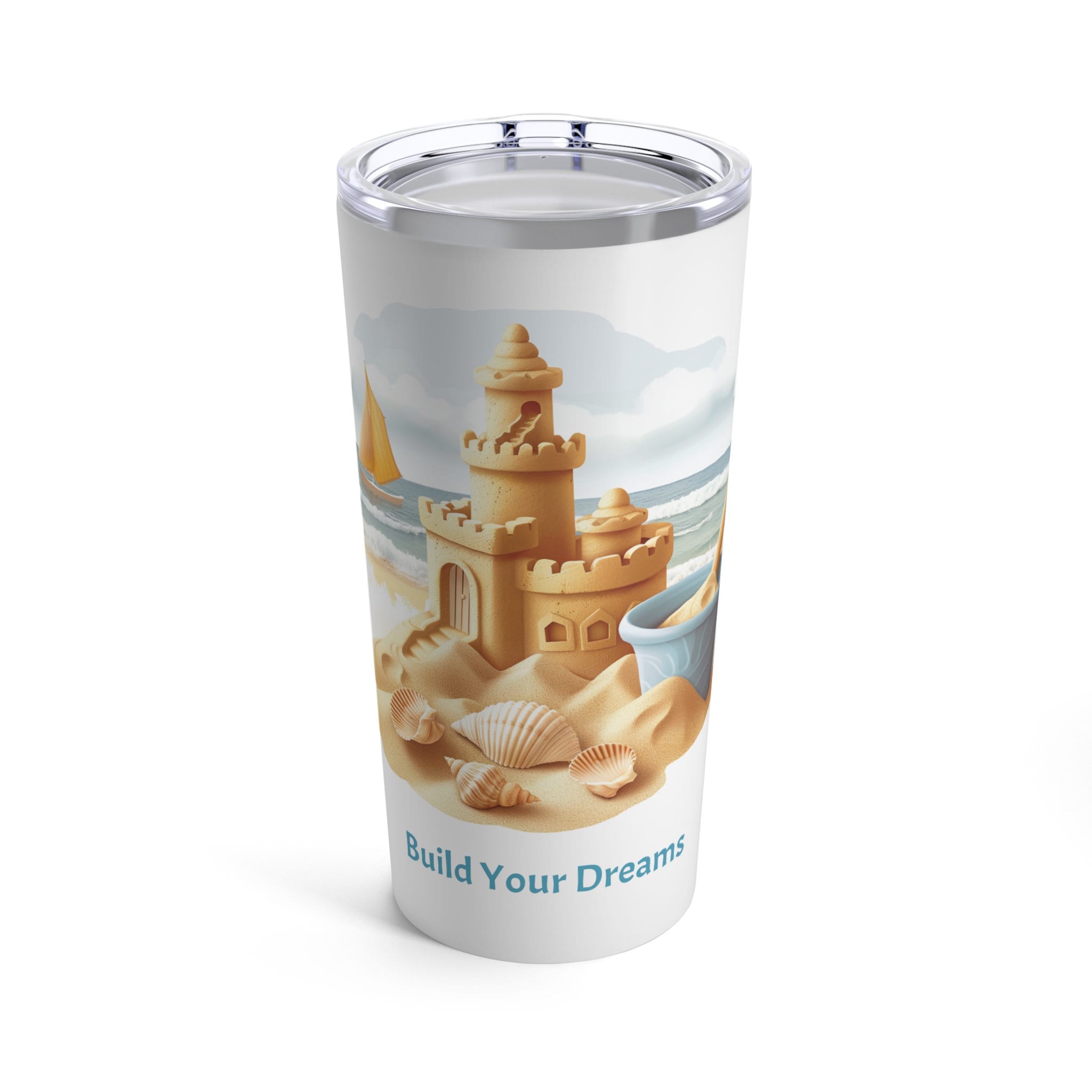 Sand Castle Build your Dreams Tumbler, 20 oz. Beach Sand Castle coffee cup. Sand Castle Travel mug. Great gift for Mom. Great beach gift.