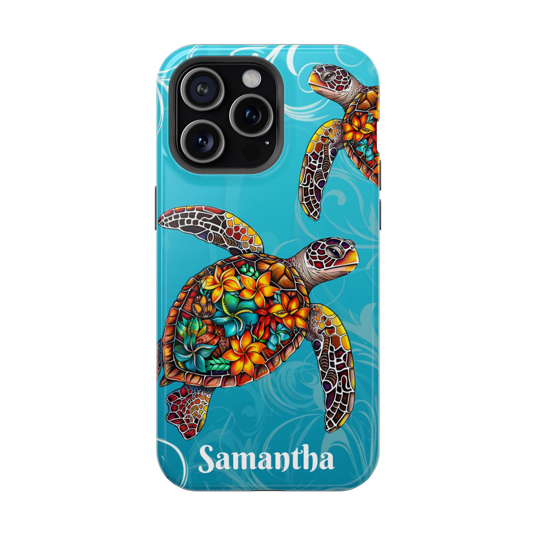 Polynesian Sea Turtle Personalized Magnetic Safe Tough iPhone 16, iPhone 15, iPhone 14 and iPhone 13 case. Custom text is optional.