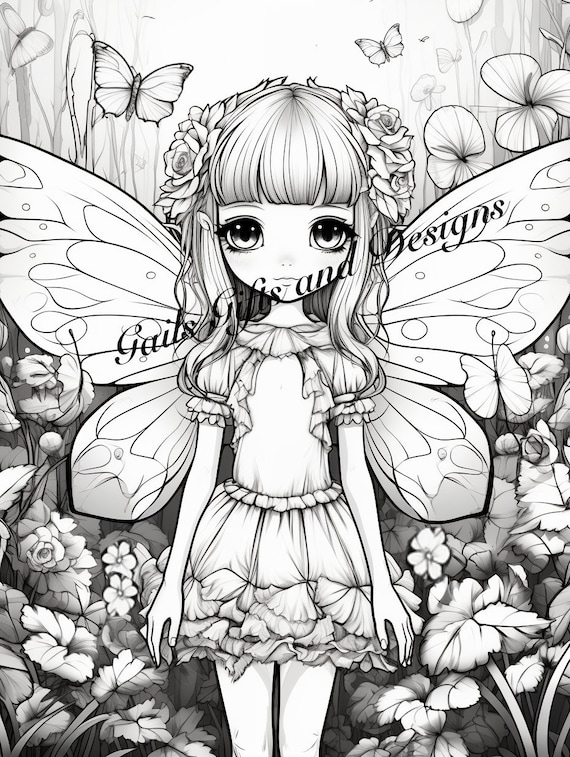 Fairy with Butterflies Coloring Page for Adults Downloadable File Book Two, Amazing Fairy, Fairycore fairy with Flowers and Butterflies