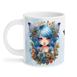 Blauwe Fee Koffiekopje 15/20 oz. Geweldige mooie blauwe Fairycore-fee in prachtige Flowercore-kleuren afbeelding 3