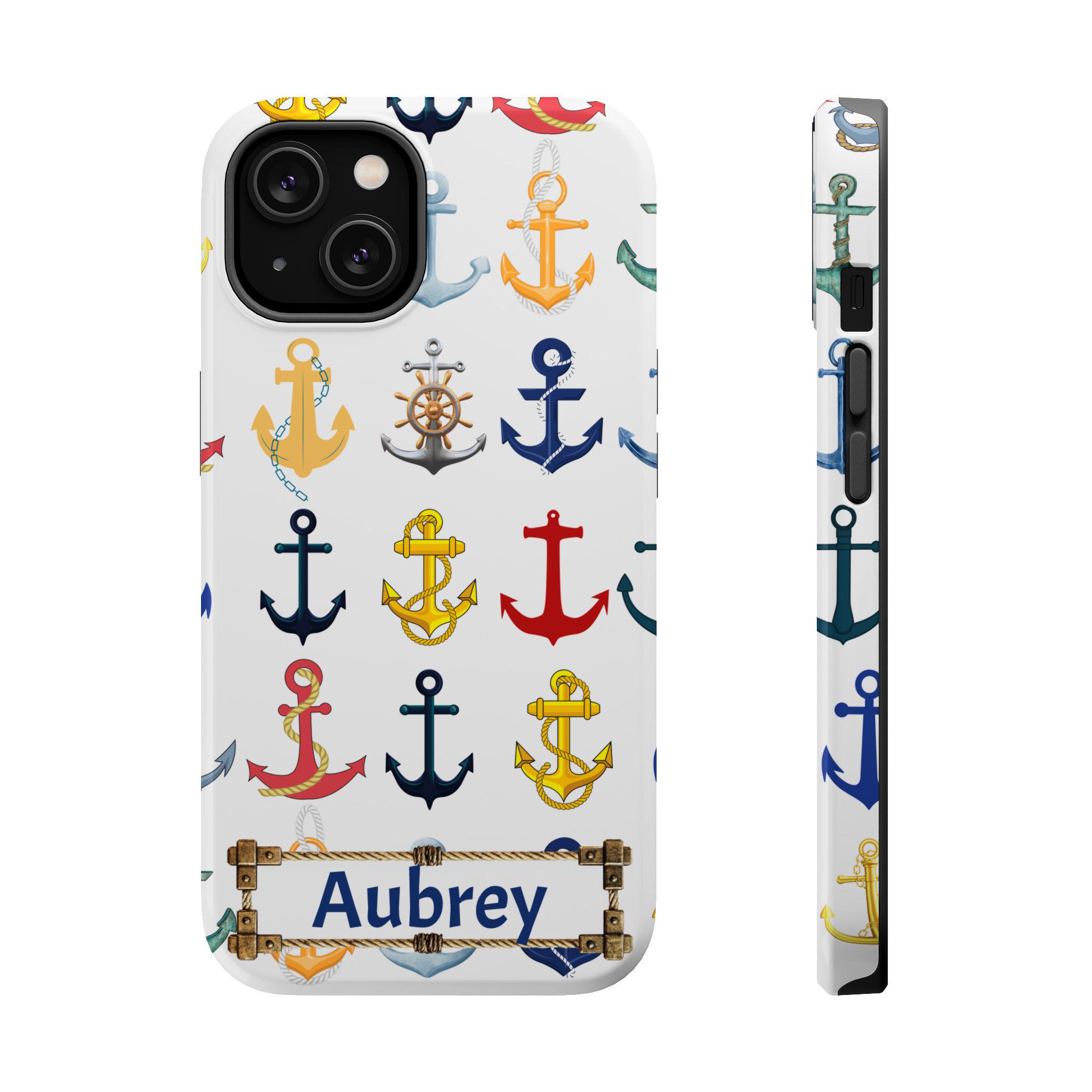 Anchors Personalized Magnetic Safe Tough iPhone 16, iPhone 15, iPhone 14, iPhone 13 case with optional custom text. Sailing and Boating