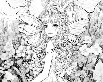 Fairies Book of 5 Coloring Pages for Adults Downloadable File Book Six, Amazing Fairycore fairy with Flowers, Toadstools and a Tree House