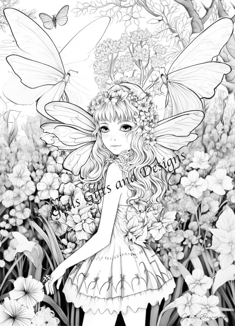 Fairies Book of 5 Coloring Pages for Adults Downloadable File Book Six, Amazing Fairycore fairy with Flowers, Toadstools and a Tree House image 1