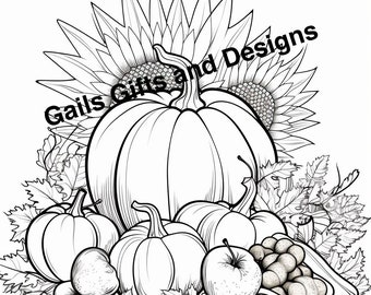 Pumpkin and Sunflower Coloring Page for Instant Download, Pumpkins and Sunflower in Thanksgiving grouping to color