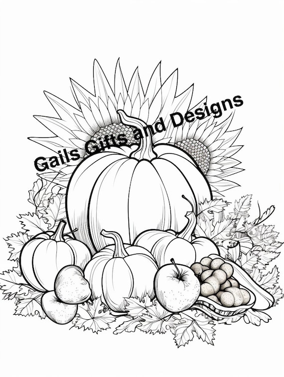 Pumpkin and Sunflower Coloring Page for Instant Download, Pumpkins and Sunflower in Thanksgiving grouping to color