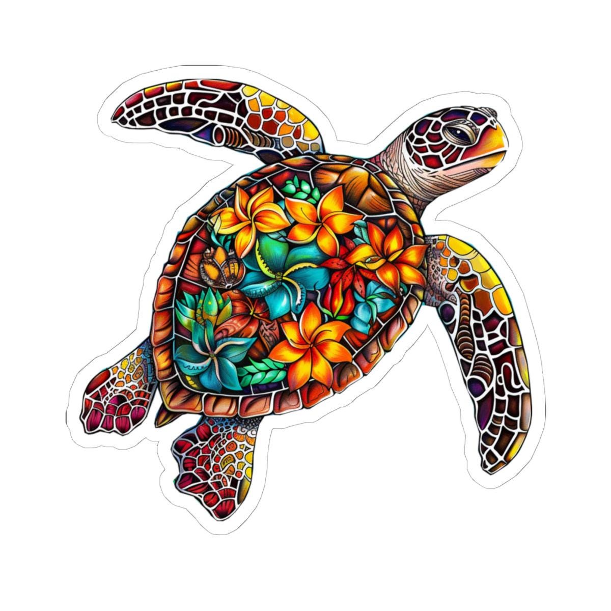 Polynesian Sea Turtle Sticker with White or Transparent edges, Colorful sea turtle, save the turtles, sea turtle lover, sea turtle sticker