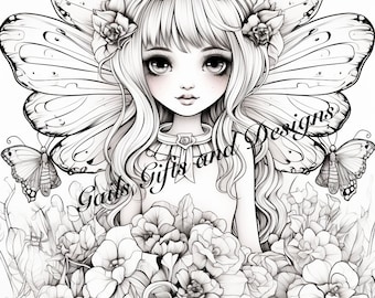 Fairy with Butterflies Coloring Page for Adults Downloadable File Book One, Amazing Fairy, Fairycore fairy with Flowers and Butterflies