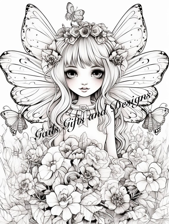 Fairy with Butterflies Coloring Page for Adults Downloadable File Book One, Amazing Fairy, Fairycore fairy with Flowers and Butterflies