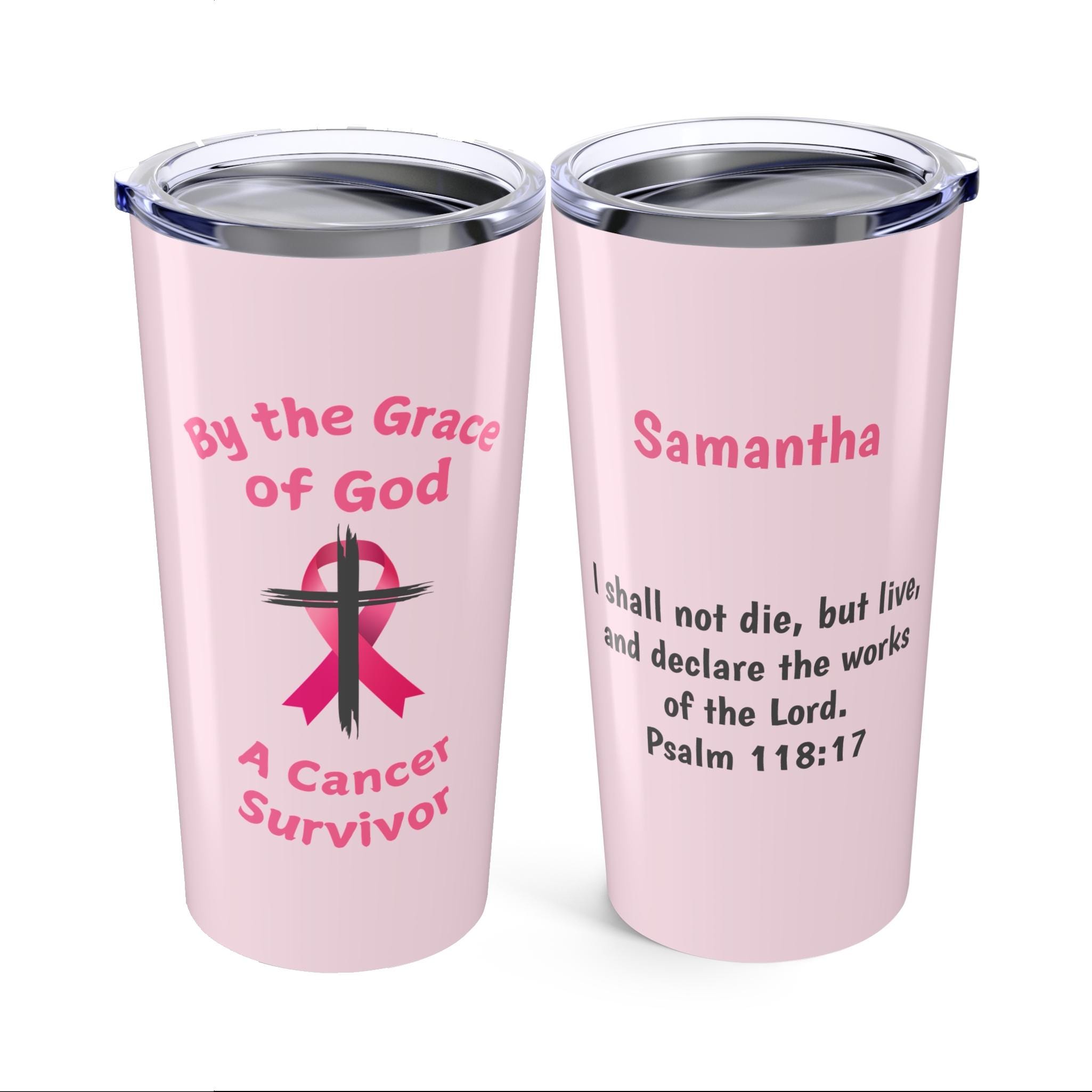 Breast Cancer Survivor Personalized Tumbler 20 oz By the Grace of God. Custom name is optional. Christian Breast Cancer Survivor!
