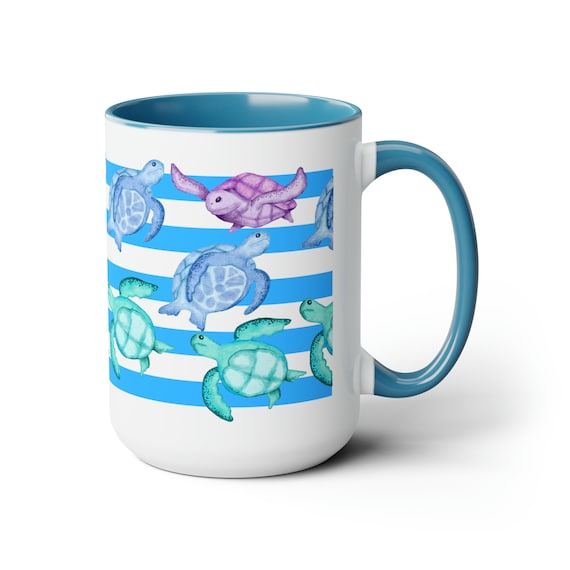 Sea Turtles Blue, Green Purple Coffee Cup 15oz, Perfect mug for beach lovers everywhere! Costal design of Sea Turtles on a Blue stripe.