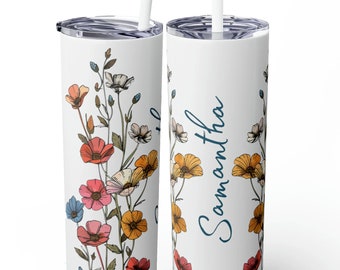 Gobelet fin personnalisé fleurs sauvages avec paille, 20 oz, gobelet floral personnalisé, tasse de voyage fleurie, gobelet floral personnalisé