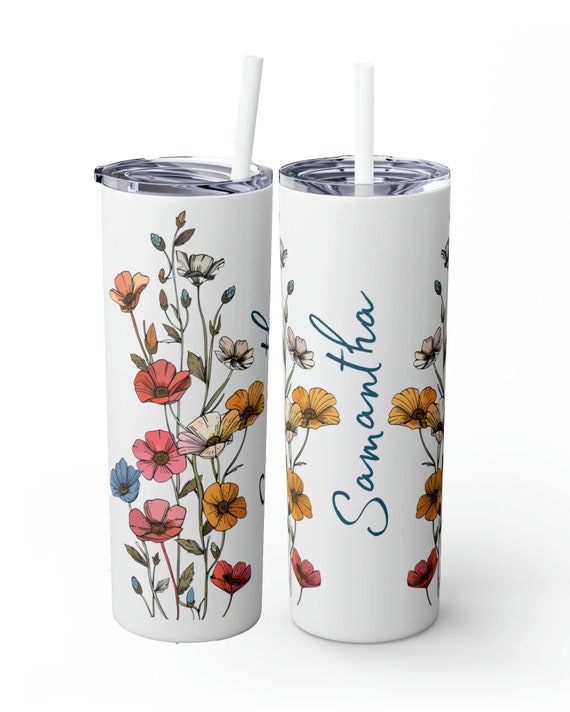 Personalized Wildflower Skinny Tumbler with Straw, 20oz, Custom Floral Tumbler, Flower Travel Mug, Custom Floral Tumbler