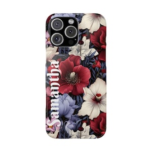 Personalized Red and Blue Poppies iPhone 16, iPhone 15, iPhone 14, iPhone 13, iPhone 12 Cases. Optional personalization makes perfect gift!
