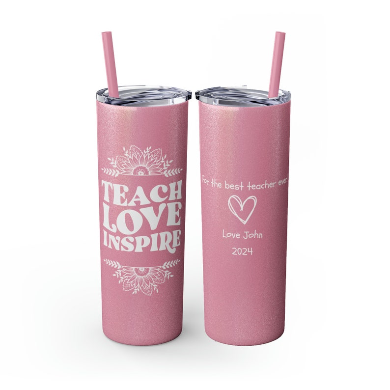 Teacher Gift Personalized Skinny Tumbler with Straw 20oz, Teacher Appreciation Gifts, Elementary Teacher Gifts, Teacher Skinny Tumbler Glitter Magic Pink