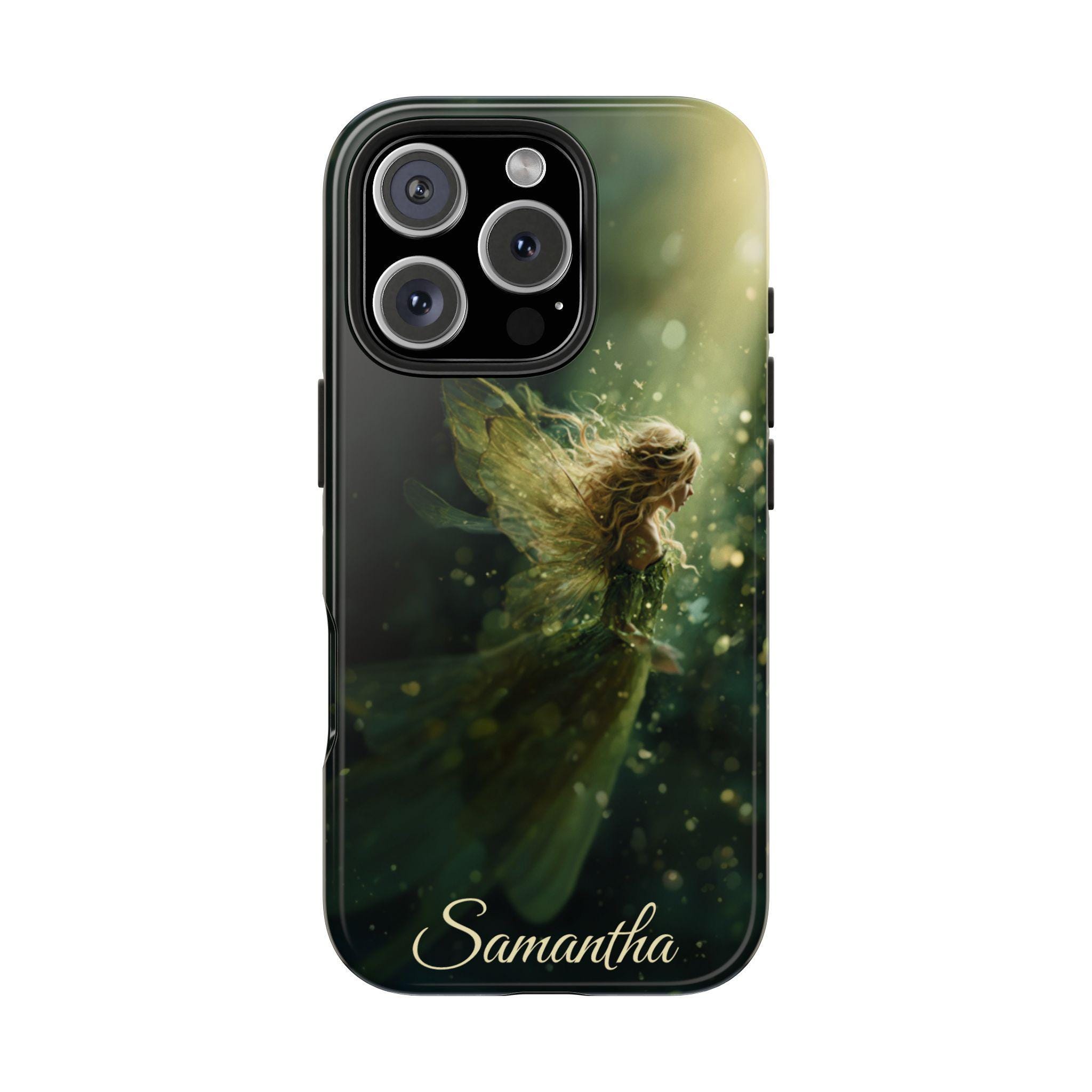 Green Fairy Personalized iPhone 16, iPhone 15, iPhone 14, iPhone 13, iPhone 12 Case. Custom name is optional. Amazing Green Fairycore fairy.
