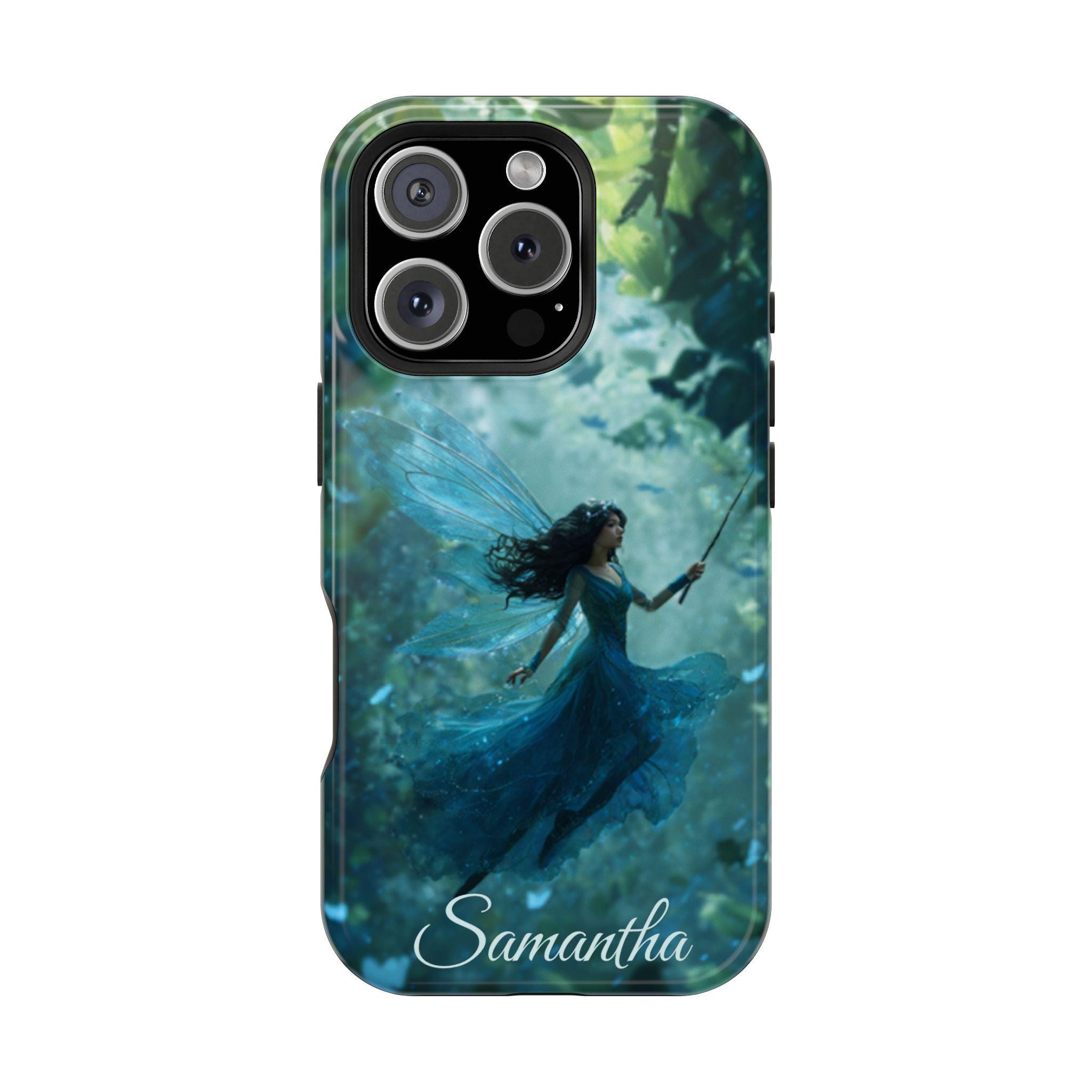 Blue Fairy Personalized Magnetic Safe on iPhone 15, iPhone 14 and iPhone 13 Cases. Custom name is optional. Amazing Blue Fairycore fairy.