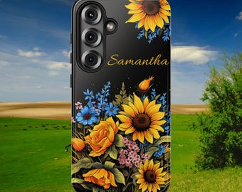 Personalized Vintage Sunflowers Samsung Galaxy S25, S24, S23, S22, S21 phone case with Optional Personalization. Samsung Sunflower case