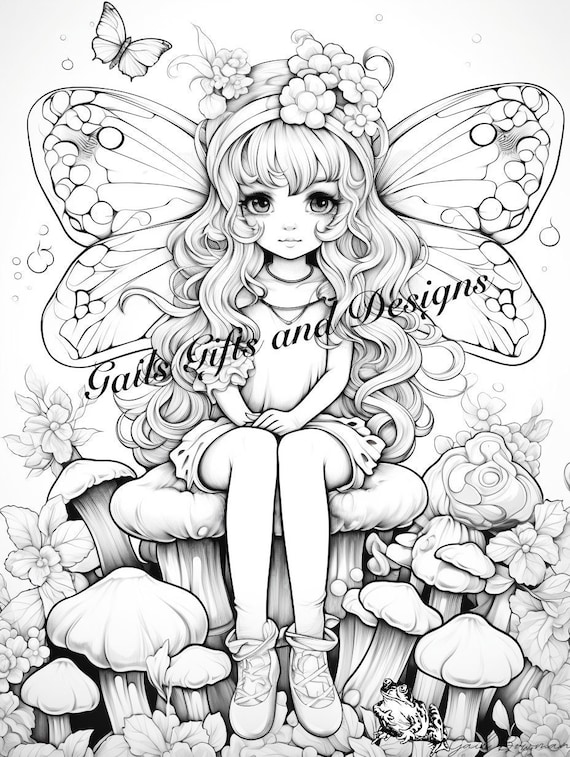 Fairy with Toadstool Coloring Page for Adults Downloadable File Book Two, Amazing Fairy, Fairycore fairy with Flowers and Butterflies