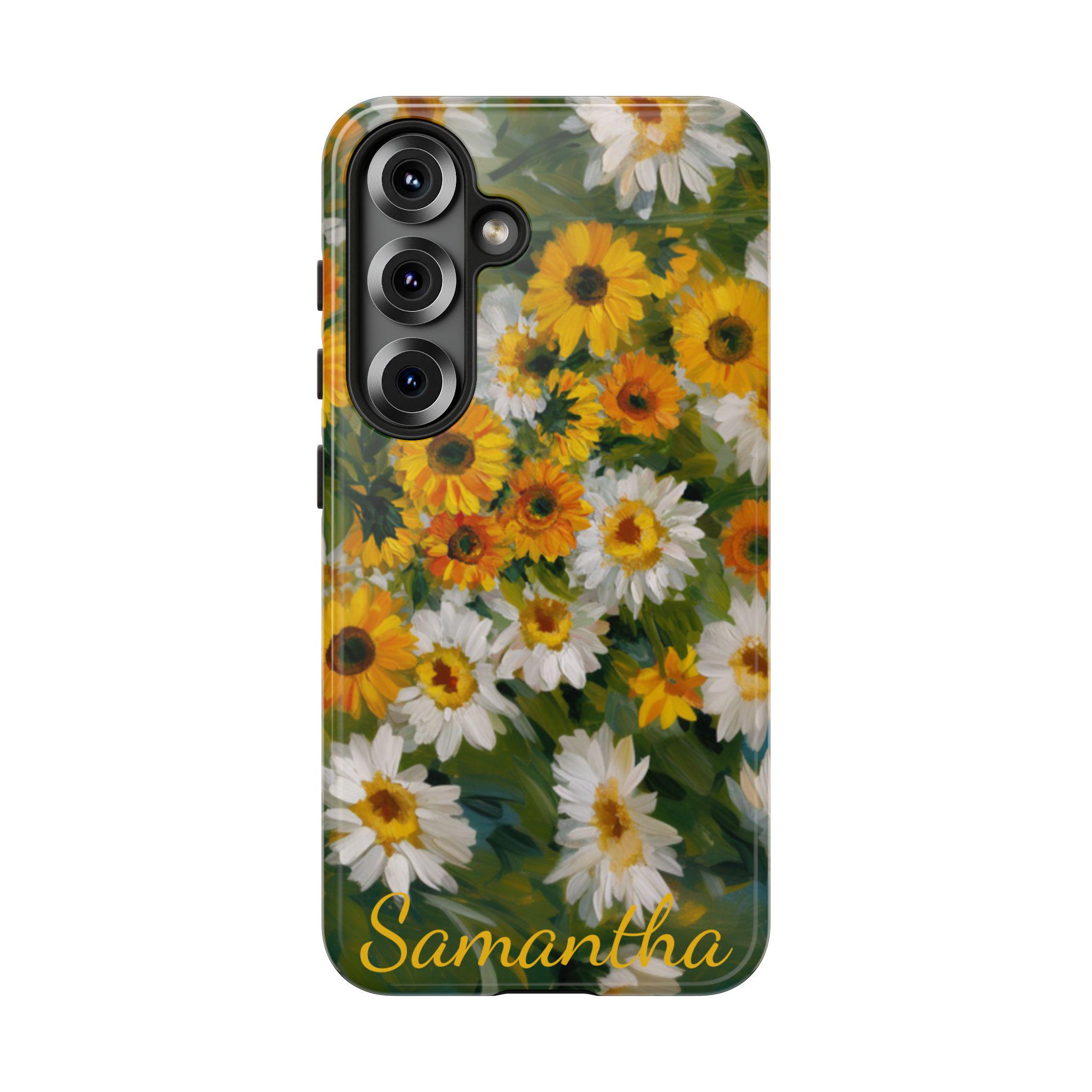 Personalized Sunflower and Daisies Painting Samsung Galaxy S25, S24, S23, S22, S21 phone case. Custom Samsung Sunflower case