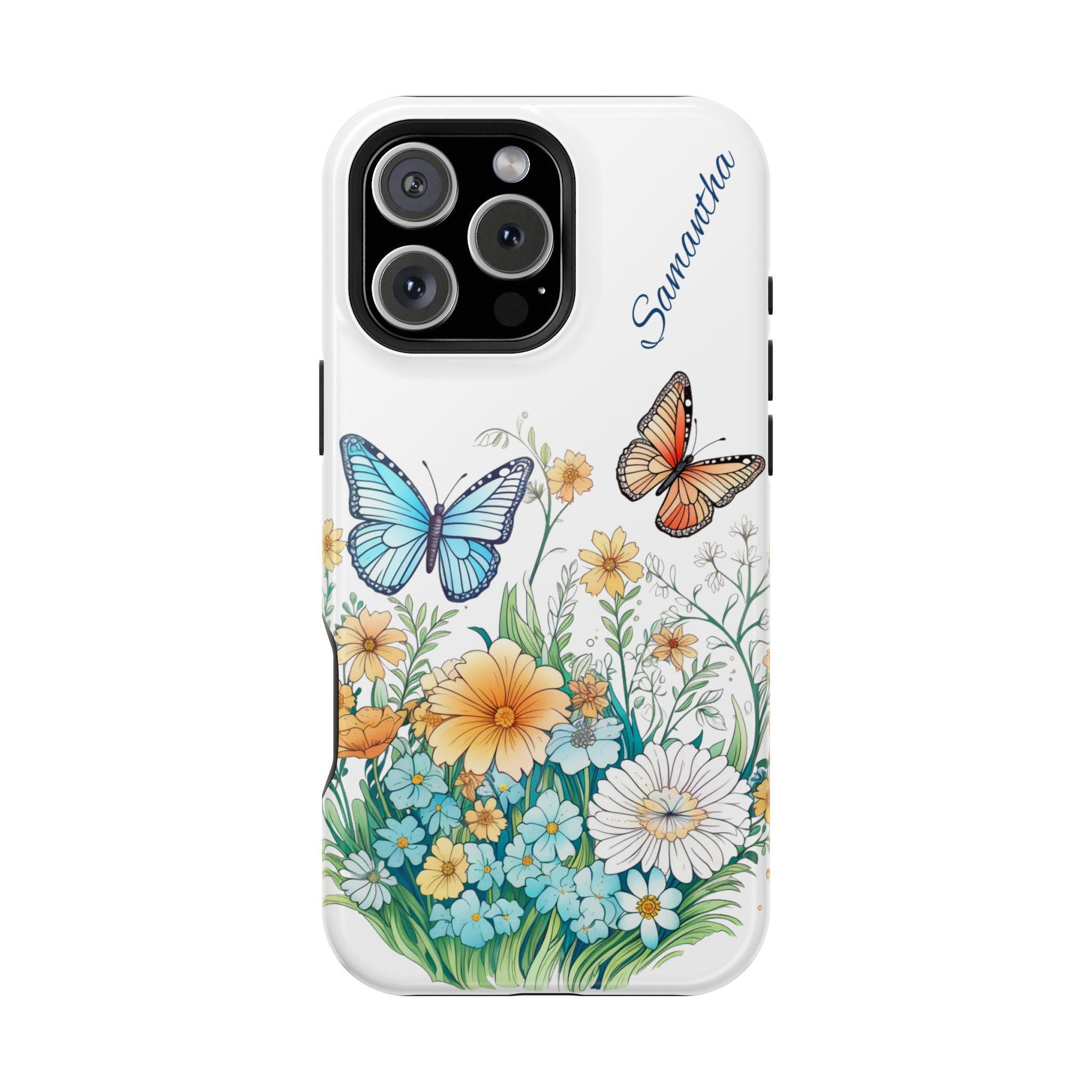 Personalized Wildflowers and Butterflies Magnetic Safe  iPhone 16,  iPhone 15, iPhone 14 and iPhone 13 Cases. Personalization is Optional.