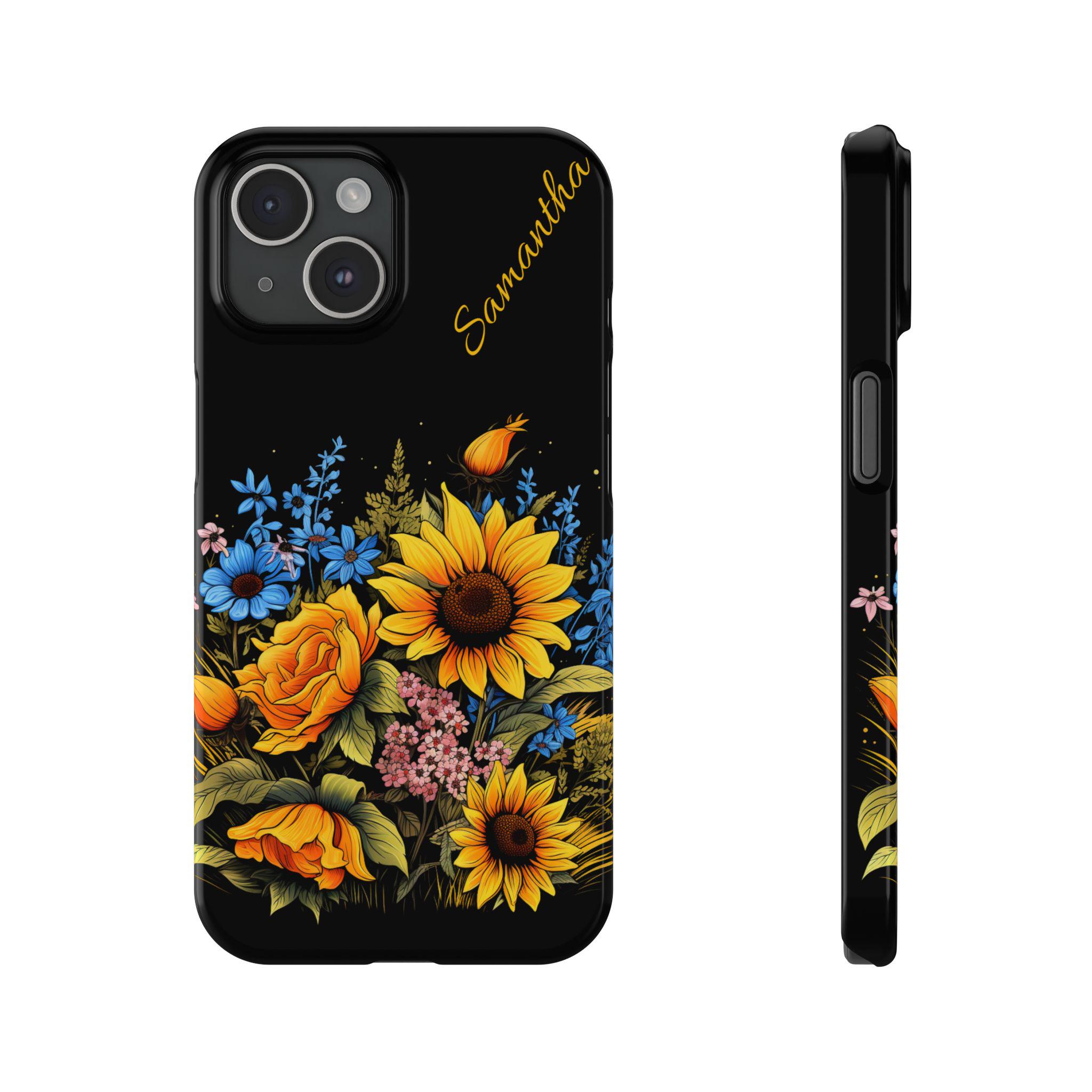 Personalized Vintage Sunflowers iPhone 16, iPhone 15, iPhone 14, iPhone 13 Phone Cases. Personalization is Optional on this Sunflower case.