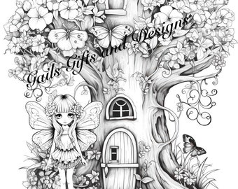 Fairies Book of 5 Coloring Pages for Adults Downloadable File Book Two, Amazing Fairycore fairy with Flowers, Toadstools and a Tree House