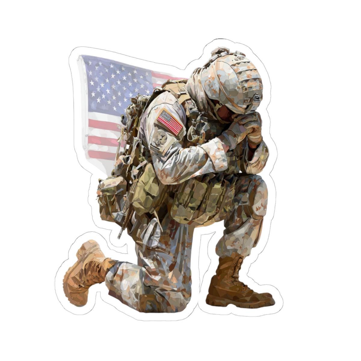 Praying Soldier Sticker with Transparent or White Edges. Add this amazing praying American soldier to your bottle, computer or books!